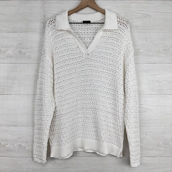 Talbots Sweater Women Size XL‎ Open Stitch Johnny Collar Pullover White Cotton - Picture 2 of 15